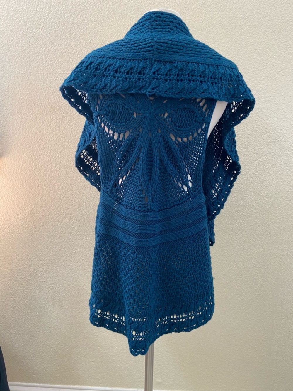 GNW sleeveless cardigan turquoise blue, Open-Front Crochet Knit Vest size:L - Picture 5 of 11